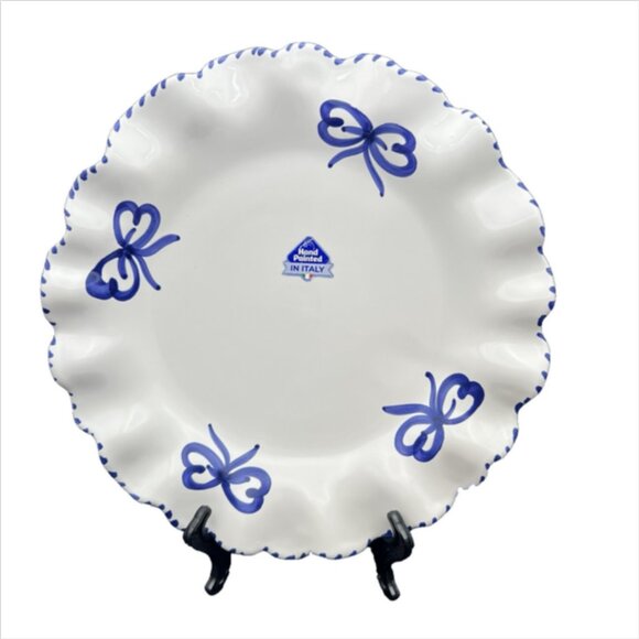 La Ceramica Handpainted Bow Ruffled Edge Dinner Plates Made in Italy Set of 4